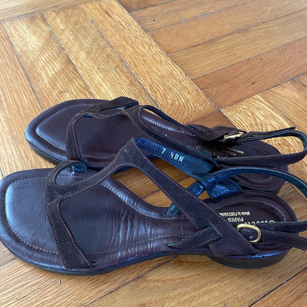 Brown suede t-strap sandals